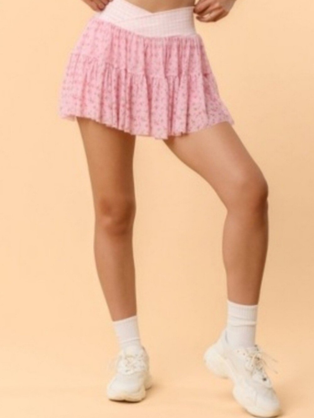 Pink Floral Tiered Smocked Workout/Gym Mini Skirt